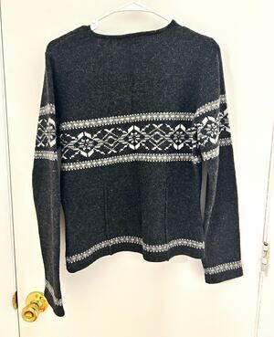 Eddie Bauer 100% Wool Fair Isle Knit Pullover Sweater Crewneck Gray White Size S
